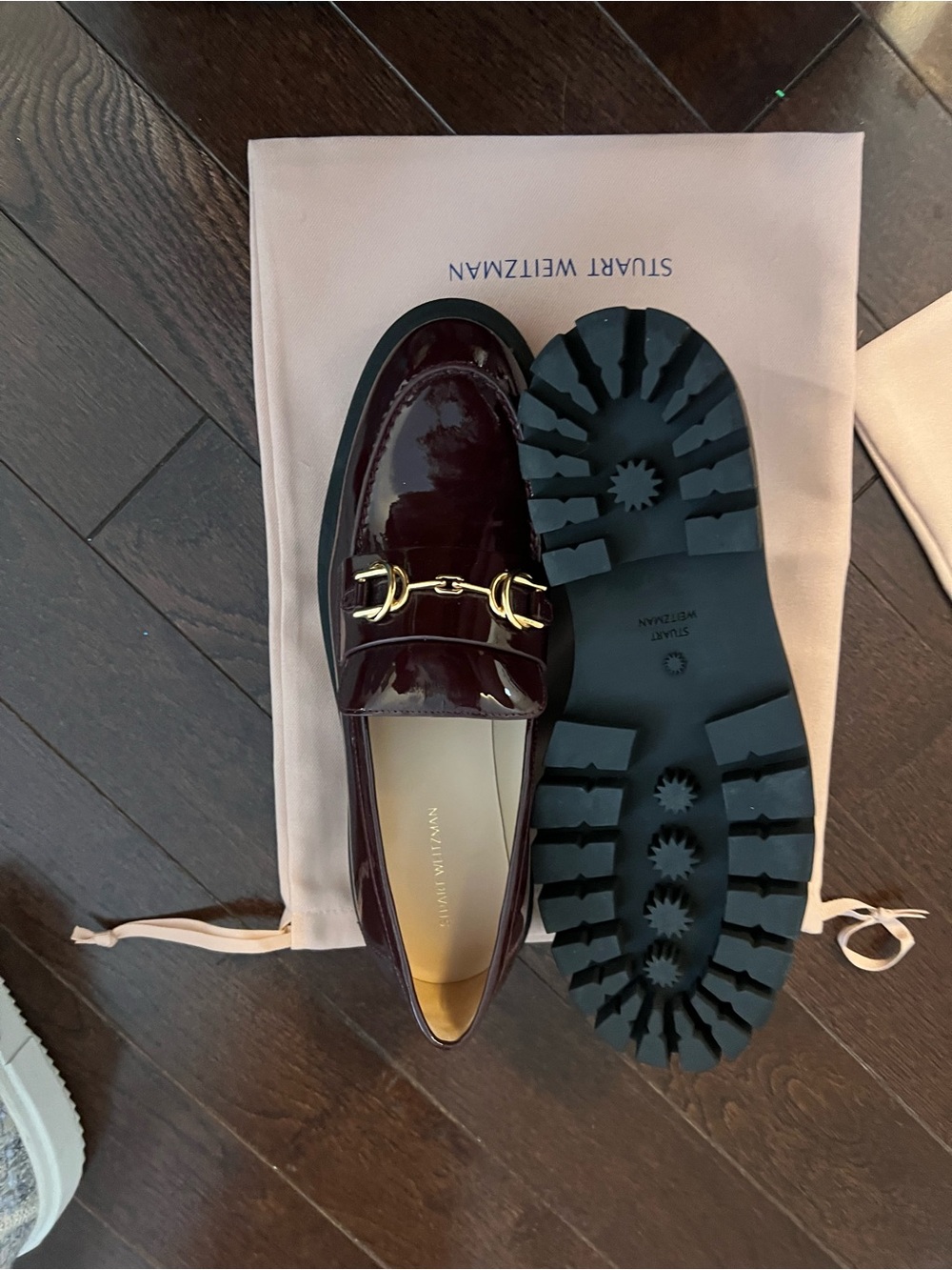 Stuart Weitzman Glossy Burgundy Patent Bit Loafers
